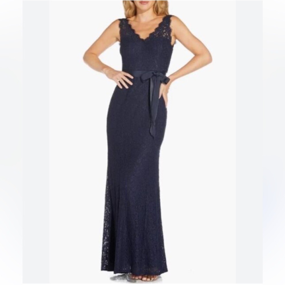 Adriana Papell Navy Lace Gown Maxi Dress 4 NWT Event Gala Quiet Luxury Old Money - Picture 10 of 10